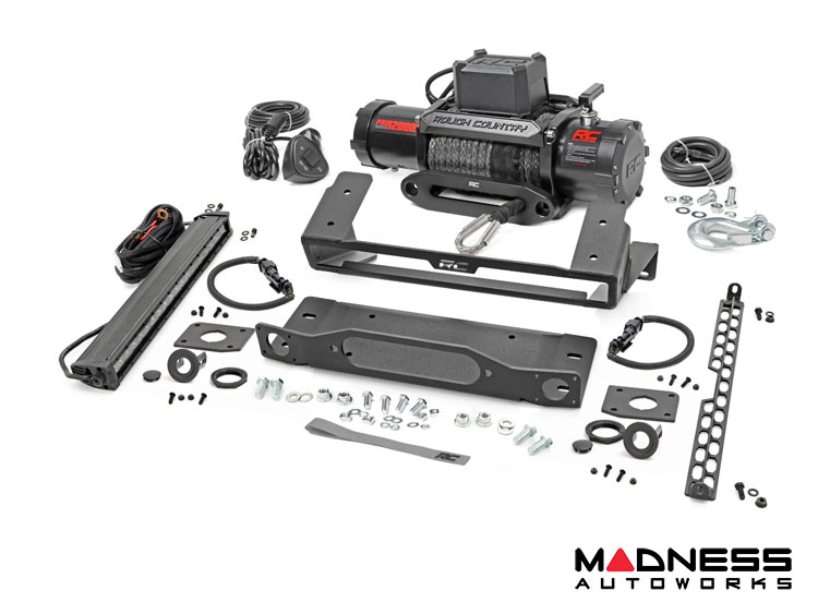Ford Bronco Winch Mount - High Mount - OE Modular Bumper - Rough Country - PRO12000S Winch - Black Series LED